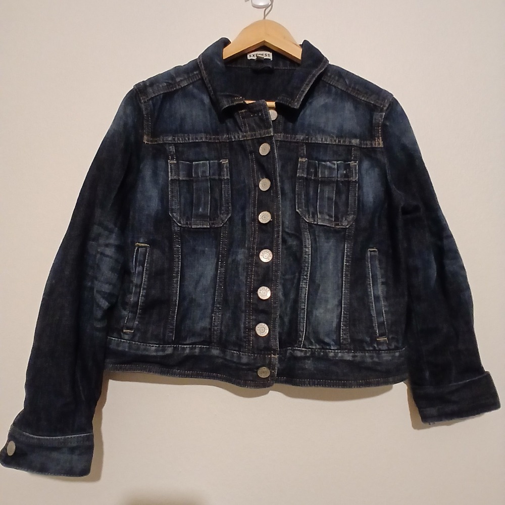 Express Womens Dark Wash Denim Jacket Blue Cotton Leopard Print Pocket Size L